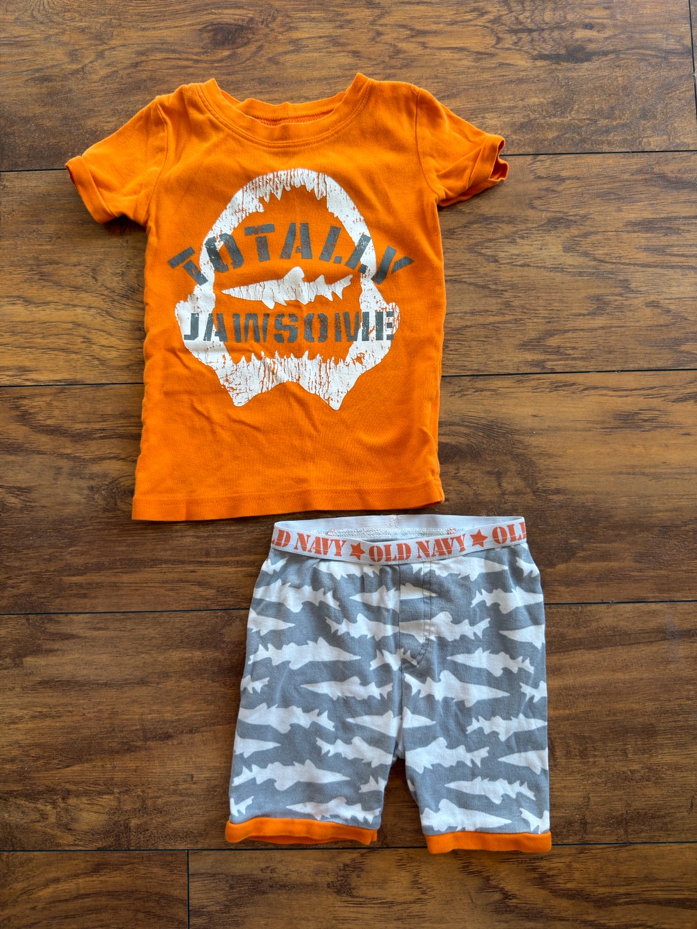 Old Navy Orange Shark Graphic Pajama Set with Gray Shark-Print Shorts